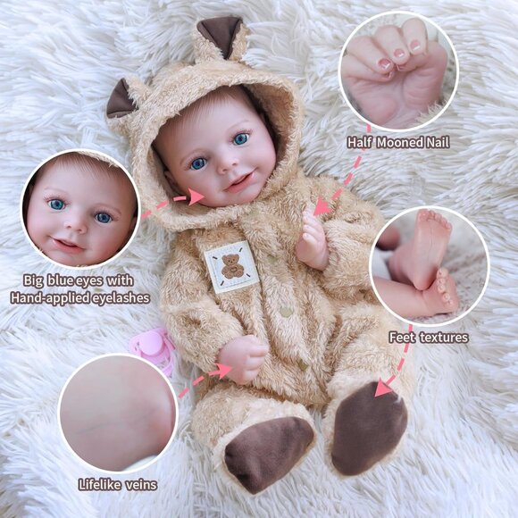 🆕18 Inch Soft Full Silicone Body Lifelike Newborn Smiling Baby Doll Girl - Picture 5 of 9